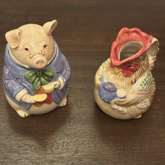 VTG Fitz and Floyd "Bacon and Eggs" Pig Hen Creamer & Sugar 1987 Cottage Core - Picture 1 of 16